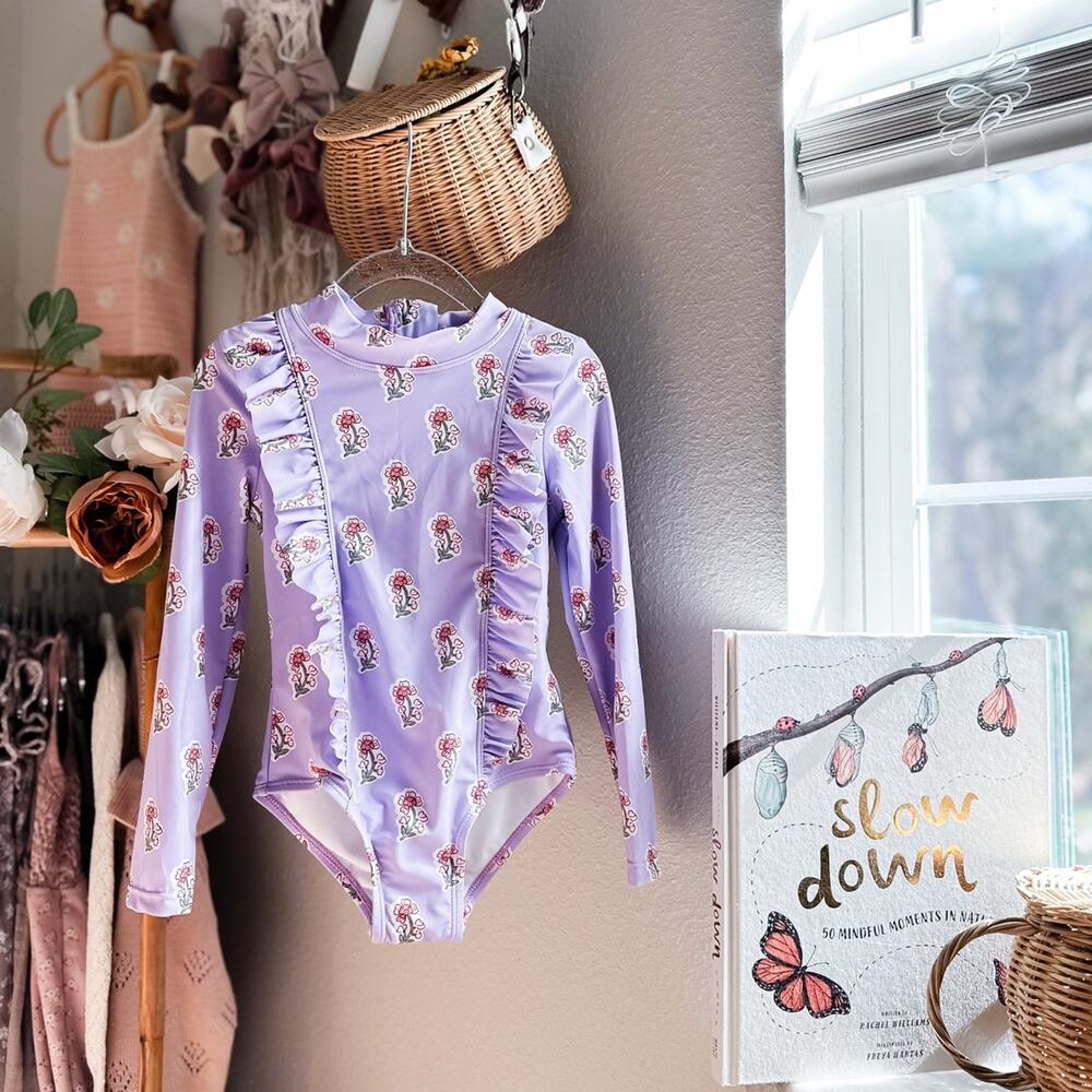 NWT Lavender Meadow Meets the Sea rash guard floral flutter swimsuit 4